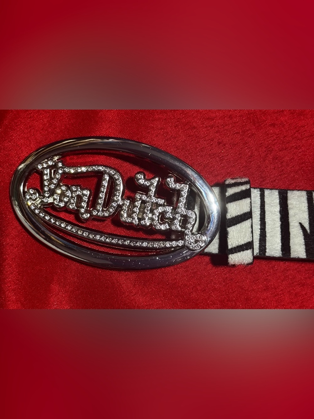 Von Dutch Silver Crystal Logo Belt with Black & White Zebra Strap